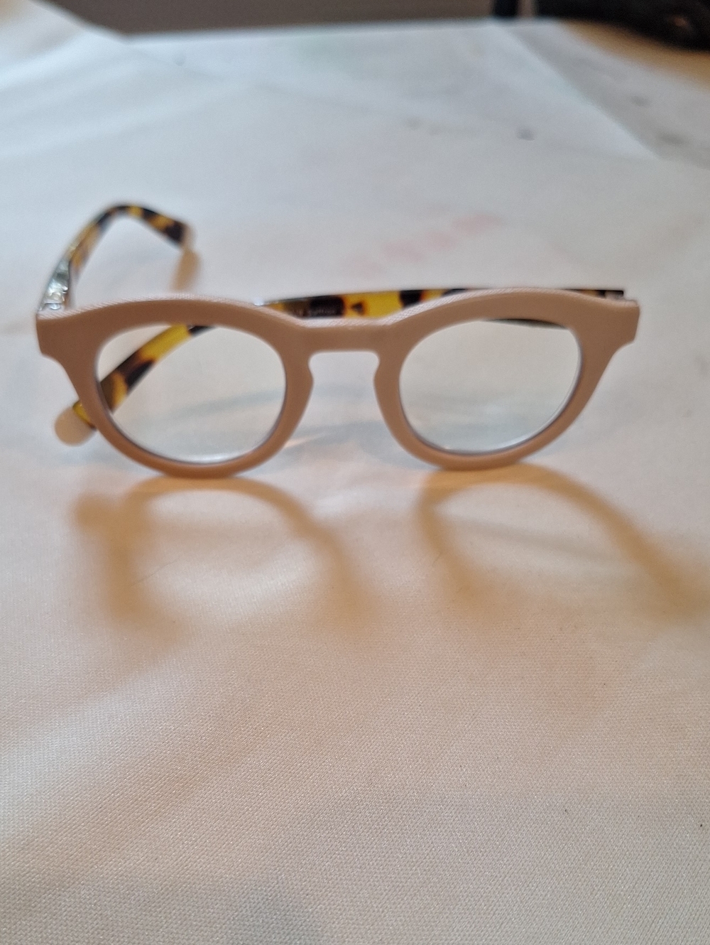 ladies Round Frame Eyeglasses - Cream Front with Tortoise Arms 2.25 strength.